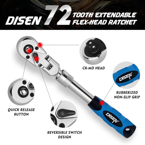 DISEN 3-Piece Extendable Flex-Head Ratchet Wrench Set with EVA Storage Case - 1/4", 3/8", 1/2" Drive, 72-Tooth, Rubber Grip, Adjustable Length - Professional Automotive and DIY Tools - size: 1/4''+3/8''+1/2'' Set, style: 72T Extendable&Flex-Head Ratchet