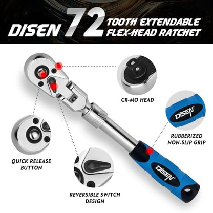 DISEN 3-Piece Extendable Flex-Head Ratchet Wrench Set with EVA Storage Case - 1/4", 3/8", 1/2" Drive, 72-Tooth, Rubber Grip, Adjustable Length - Professional Automotive and DIY Tools - size: 1/4''+3/8''+1/2'' Set, style: 72T Extendable&Flex-Head Ratchet