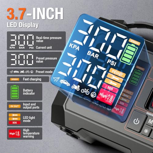 Portable Heavy-Duty Tire Inflator for Pickup Truck,RV, 300PSI Air Compressor, 9X Faster Inflator with 3.7 inch Digital Gauge. 5 Safety Protections and Cooling System for Truck, SUV, Cars (Dark Black)