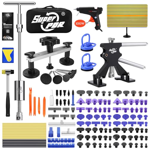 Super PDR 169PCS Dent Puller Kit Paintless Removal Set with 100W Glue Gun and Slide Hammer - for Repairing Car Dents Hail Damage and Door Dings on Auto Body Surface Washing Machine Fridge