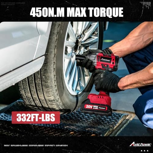 AVID POWER Impact Wrench, 1/2” Impact Gun Brushless Max Torque 332 Ft-lbs (450 N.m), 20V Cordless Impact Wrenches with 2.0 Ah Battery, 2 Variable Speeds, 4PCS Impact Sockets, Charger, Tool Bag