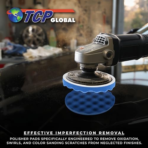 TCP Global 6.5" Blue Waffle Foam Buffing Pad Hook and Loop Backing - Light Cut Pad for Polishing, Automotive, Marine, Truck, RV & Compound Cutting, Car Polishing Pads