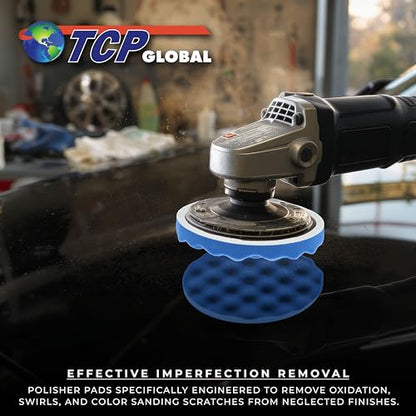 TCP Global 6.5" Blue Waffle Foam Buffing Pad Hook and Loop Backing - Light Cut Pad for Polishing, Automotive, Marine, Truck, RV & Compound Cutting, Car Polishing Pads