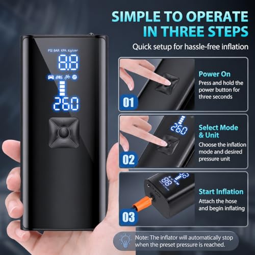 Tire Inflator Portable Air Compressor, Cordless Tire Pump with 150 PSI Digital Pressure Gauge & LED Light, 2X Fast Inflation Air Pump for Cars, Bikes, Motorcycles, Balls