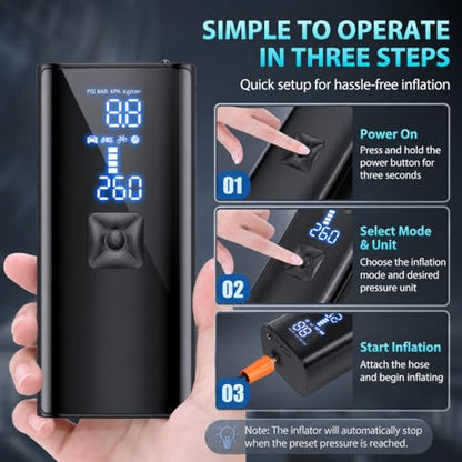 Tire Inflator Portable Air Compressor, Cordless Tire Pump with 150 PSI Digital Pressure Gauge & LED Light, 2X Fast Inflation Air Pump for Cars, Bikes, Motorcycles, Balls