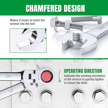 SK Flex Head Ratcheting Wrench Set, SAE 3/8"-3/4", Metric 10-19mm, 14-Piece | Ratchet Wrenches Set 72-Tooth, Combination Wrench Set, Chamfered Head Design, Premium CR-V Steel, Roll-Up Pouch - size: METRIC&SAE