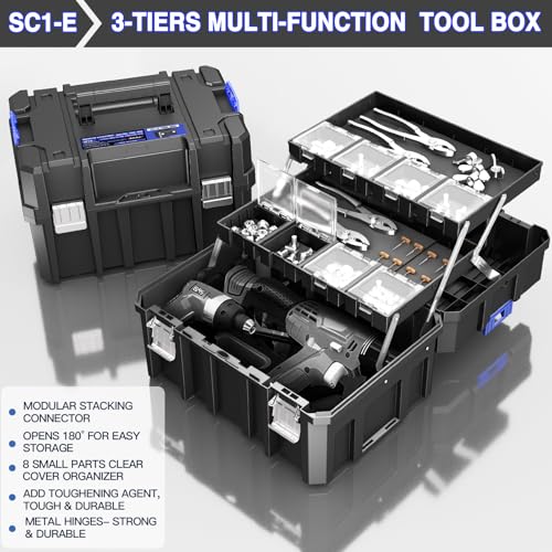 4 Tier Stackable Rolling Tool Box with Wheels | Modular Tool Organizer Box Storage System | Portable Tool Box with Drawers | Tough and Durable | For Garage Storage | Home Repairs | Professional Work