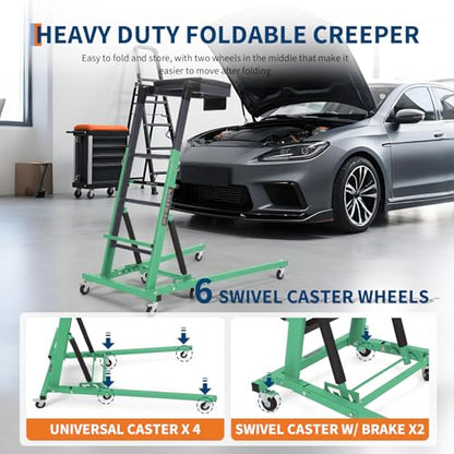 Topside Automotive Creeper,Engine Topside Creeper with Adjustable Height 48"-66", 400 Lbs Heavy-Duty Foldable Garage Creepers, 6 Swivel Casters, Padded Deck, Tool Pouch, for Truck/SUV Garage Mainten - color: green