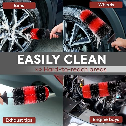 TAKAVU Wheel & Tire Brush, Long Bristle, Built-in Knuckle Guard (Upgraded) | Non-Slip Handle Detailing Brush, Deep Reach Cleans Rims & Brake Dust, Effortless Wheel & Barrel Wash - color: Red & Black - Big Brush