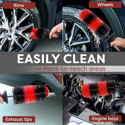 TAKAVU Wheel & Tire Brush, Long Bristle, Built-in Knuckle Guard (Upgraded) | Non-Slip Handle Detailing Brush, Deep Reach Cleans Rims & Brake Dust, Effortless Wheel & Barrel Wash - color: Red & Black - Big Brush