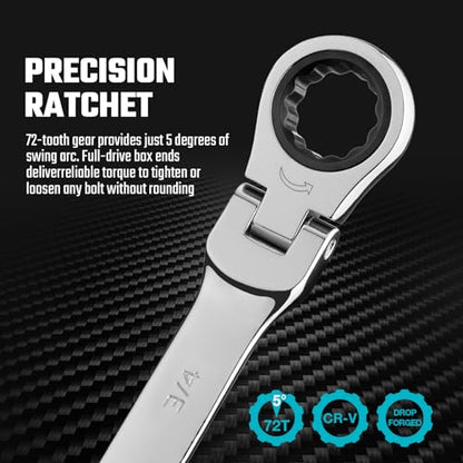 DURATECH 9-Piece Flex-Head Ratcheting Wrench Set, SAE, 5/16" to 3/4" | 5/16", 11/32", 3/8", 7/16", 1/2", 9/16", 5/8", 11/16", 3/4", 72 Tooth, CR-V Steel, Rolling Pouch Included - color: Silver, size: 5/16 - 3/4 inch