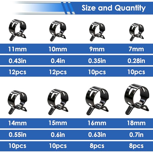 smseace Spring Hose Clamp Assortment kit 7-18mm 8-sizes Constant Tension Hose Clamp used for Fuel Line，Vacuum Hose，Air Hose Spring Band Hose Clamp Kit - size: 7-18mm 80Pcs