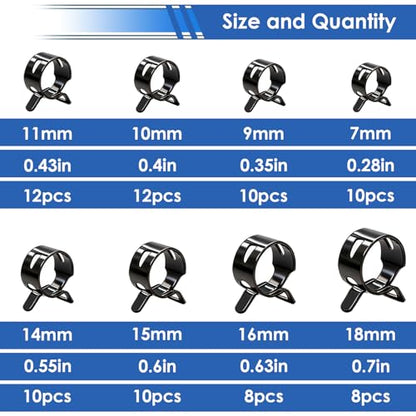 smseace Spring Hose Clamp Assortment kit 7-18mm 8-sizes Constant Tension Hose Clamp used for Fuel Line，Vacuum Hose，Air Hose Spring Band Hose Clamp Kit - size: 7-18mm 80Pcs