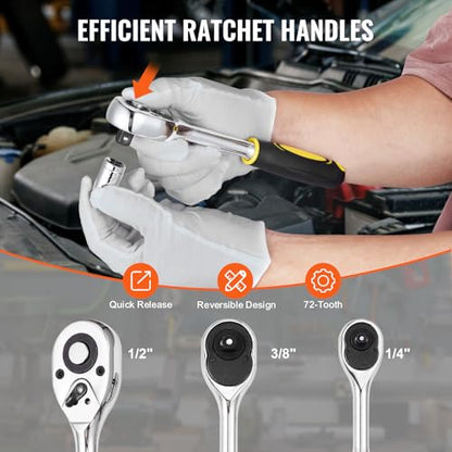 VEVOR Mechanics Tool Set 207 Pieces 1/4" 3/8" 1/2" Drive Sockets -SAE and Metric Mechanic Tool Kit with Bits - Wrenches, Ratchet Handle, Accessories, and Plastic Storage Case - for Automotive Repair - size: 1/4"&3/8"&1/2", style: 207 PCS