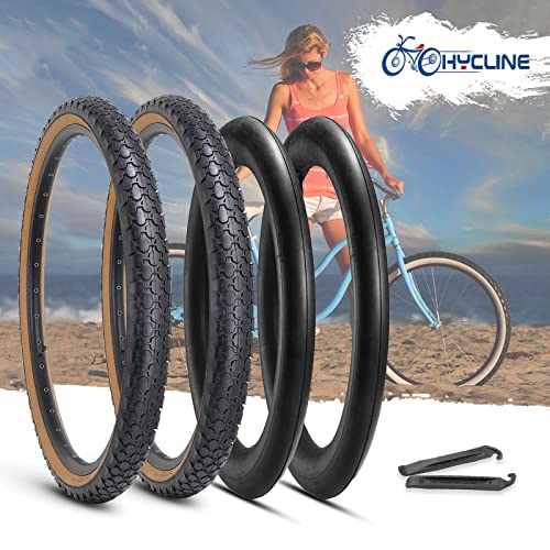 Hycline 2-Pack Cruiser Bike Tires Set: 24/26x2.125 inch Folding Replacement High-Performance Wear-Resistant Tires with Inner Tubes & Tire Levers for Beach & Urban Commuter Bikes - color: Brown Set-26x2.125
