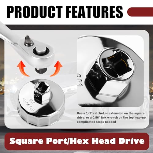 65-64mm Oil Filter Wrench,14 Flute Car Oil Filter Removal Tool Driven by 1/2" Tool,Non-slip Car Oils Filters Tools Automotive Tools Compatible with Honda Nissan Acura