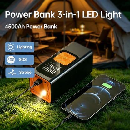 Portable Air Compressor, 150 PSI Air Pump for Car Tires with Power Bank, 12V DC Car Plug, Fast Inflation 25L/Min,Auto Shut-Off and Digital Display for Cars, Motorcycles, Bicycles, Balls