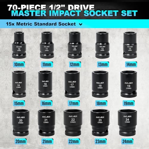 1/2" Drive Impact Socket Set, 70 Piece SAE 3/8" to 1-1/4" and Metric 10-24mm, 6 Point Cr-MO Alloy Steel for Auto Repair, Easy-to-Read Size Markings, Rugged Construction, Storage Case - size: 1/2inch 70PCS SET