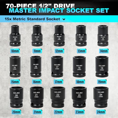 1/2" Drive Impact Socket Set, 70 Piece SAE 3/8" to 1-1/4" and Metric 10-24mm, 6 Point Cr-MO Alloy Steel for Auto Repair, Easy-to-Read Size Markings, Rugged Construction, Storage Case - size: 1/2inch 70PCS SET