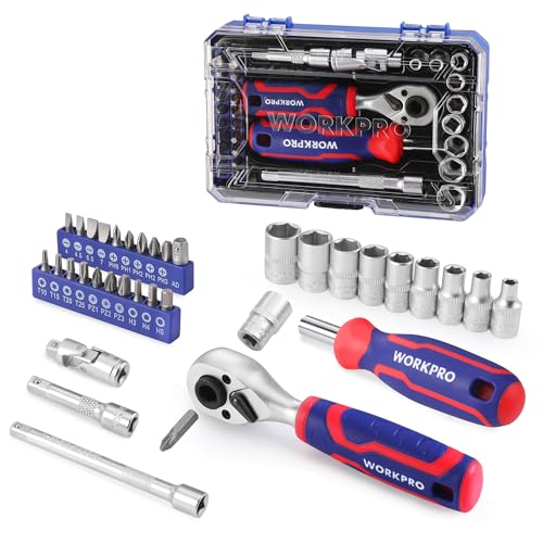 WORKPRO 34 PCS 1/4" Drive Mini Socket Ratchet Wrench Set, Socket & Bit Head | Magnetic Driver, Metric Sockets 4-12mm, Extension Bars & Universal Joint, Storage Case - style: Dual-Head Ratchet Bit-Rich Set
