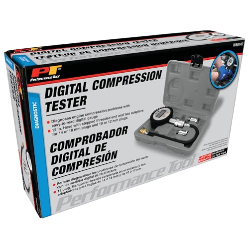 Performance Tool W89747 Digital Compression Tester - Accurate Diagnosis for Engine Performance, 300 PSI Gauge, Quick Disconnect Fitting, Stepped Adapters, Auto Shut-Off, Battery Included - style: Digital Compression Tester