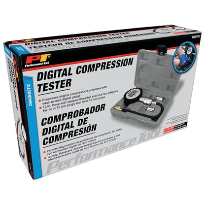 Performance Tool W89747 Digital Compression Tester - Accurate Diagnosis for Engine Performance, 300 PSI Gauge, Quick Disconnect Fitting, Stepped Adapters, Auto Shut-Off, Battery Included - style: Digital Compression Tester