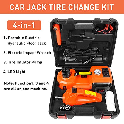Electric Hydraulic Car Floor Jack Kit 12V DC 5 Ton with Electric Impact Wrench & Tire Inflator Pump Light, 4 in 1 Car Jack Lift Kit for SUV RV Truck Car Emergency Tire Change
