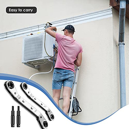 Zhehao Hvac Service Wrench Refrigeration Service Wrench Set, 3/8 to 3/16, 5/16 x1/4, Ratchet Refrigeration Tool Set Air Conditioner Valve with Hexagon Bit Adapter Kit for Equipment Repair