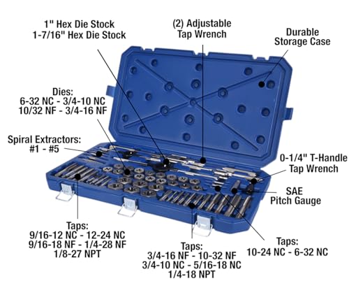 Century Drill & Tool – 98958 Carbon Steel Fractional Tap and Die Set, 58 Piece Tool Set – Tool Kit for Hand Cutting Applications, Construction - size: 58-Piece