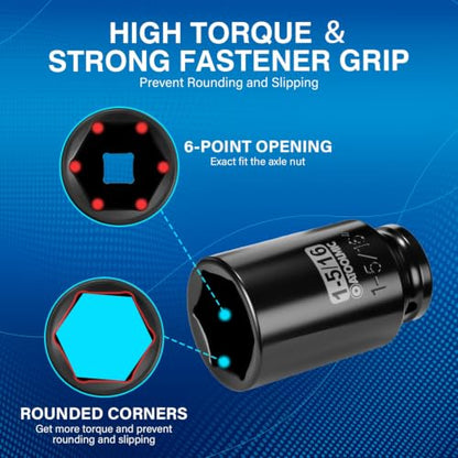 1/2" Drive x 1-5/16 Inch Deep 6PT CR-MO Impact Socket for Removing Axle nut | SAE Socket,6-Point Radius Corner Design,Two Size Markings,Square Chamfered Opening,For Removal of Axle Nut - size: 1-5/16 Inch, style: 1/2" Drive Deep Socket