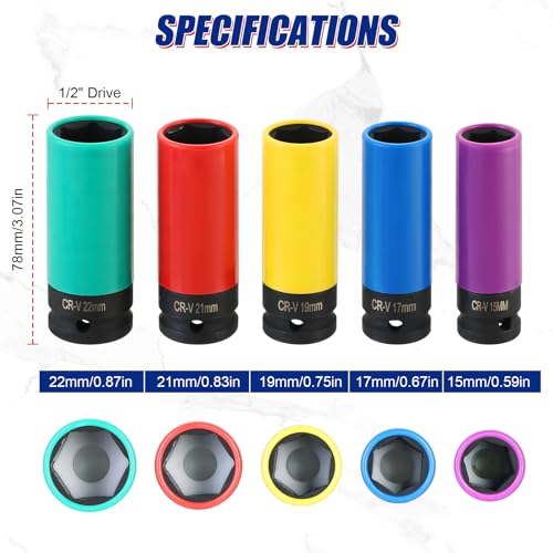 NYXOVA 5PCS 1/2 Inch Drive Impact Lug Nut Socket Set, Ultimate Wheel Protector Impact Socket Set, Non-Marring Thin Wall Wheel Protector Nut Socket(15 17 19 21 22 mm)