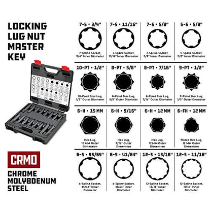Powerbuilt 16 Piece Locking Lug Nut Master Key Set, Wheel-Lock Removal Tool Kit for for Spline Star and Hex Style Keys, Universal Thin-Walled/Extra-Long Lug Nut Socket Set - 647860 - style: Locking Lug Nut