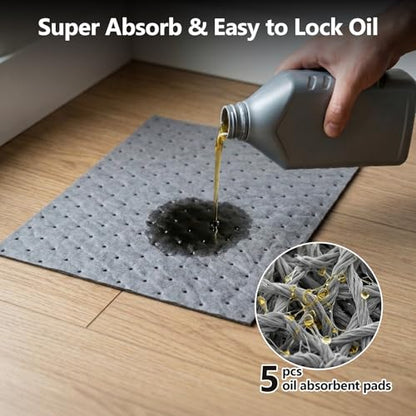 Oil Drip Pan for Under Car 34" x 22", Silicone Oil Spill Mat with 5 Absorbent Pads, Garage Drip Tray with 0.7" Raised Edge, Waterproof Non-Slip Floor Protector, Gray