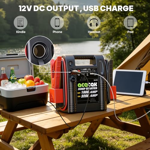 24V / 12V Jump Starter, acetek 1600/3200 Peak Amp Battery Jump Starter for Truck Car Tractor Excavator, Heavy Duty Jump Box Battery Pack with USB and DC Output