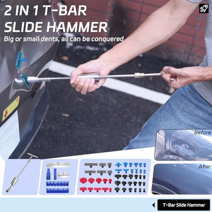 Professional Car Dent Repair Kit - 2-in-1 Slide Hammer T-Bar Bridge Puller with 100W Hot Glue Gun Rubber Hammer and 76 Tabs - for Auto Body Paintless Removal on Vehicles Appliances and Metal Surfaces - size: Dent Puller Kit-B