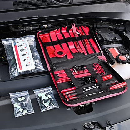 Nilight 200Pcs Trim Removal Tool, Auto Push Pin Bumper Retainer Clip Set Fastener Terminal Remover Adhesive Cable Clips Round Handle Crowbar Kit Car Panel Radio Auto Clip Pliers - color: 200 Clips+ Remover Tools Red