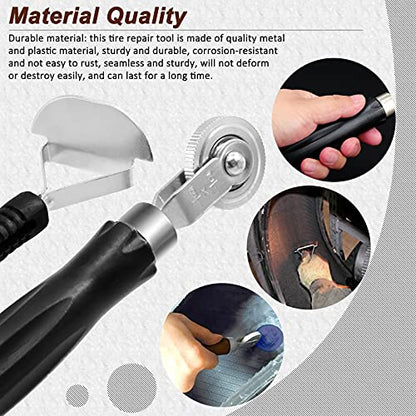 70Pcs Tire Patch Kit Heavy Duty, Tire Roller, Liner Scraper, Rubber Repair Patches, Valve Core Removal Tool with Tire Valve Caps, 4-Way Valve Tool and Valve Core Wrench
