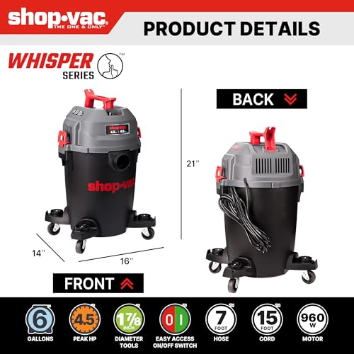 Shop-Vac 6 Gallon Ultra Quiet Shop Vacuum Wet and Dry, 4.5 Peak HP, 5430541 | Powerful Wet/Dry Vacuum with Attachments, 1-7/8 In. x 7 Ft Hose, 15 Ft Cord, Ideal for Jobsite, Garage, Workshop & Home