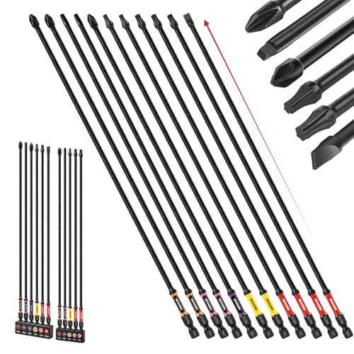 Geinxurn Impact Extra Long Screwdriver Bits Set, 11Pcs 300mm(12”) Phillips/Torx/Square/Slotted/Pozi Magnetic S2 Steel Power Driver Bits Set Stored in Color Coded Base - size: 11pcs