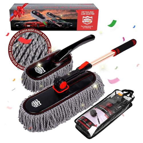 Car Duster Exterior with Extendable Handle, Scratch Free Auto Wash Brush Mop, Interior Detailing Kit for Truck RV Boat - Microfiber Duster & Interior Brush, Grey - color: Gray