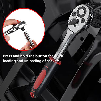 46 PCS Socket Wrench Set, Mechanic Tool Kit Quick-release Ratchet, 1/4" Drive Bit Metric Combination Tools for Auto Repairing & Household with Storage Case