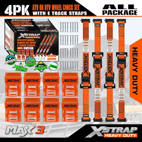 XSTRAP STANDARD 4-Pack Wheel Chock E-Track Tie Down Straps Kit, 2" x 9FT | 4,500lb Break Strength Over-The-Tire Ratchet Straps with Steel Wheel Chocks for ATV, UTV, Lawn Mower, Trailer Hauling, Orange - size: Orange-4PK-9FT