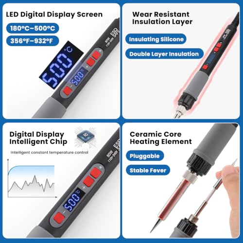 80W Soldering Iron Kit Iron Heat Set | Digital Adjustable Temperature Soldering Iron 356-932°F (180-500°C) for 3D Printing Projects,Electric Repairing, DIY