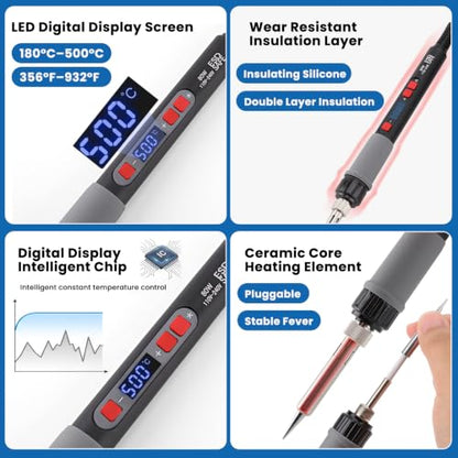 80W Soldering Iron Kit Iron Heat Set | Digital Adjustable Temperature Soldering Iron 356-932°F (180-500°C) for 3D Printing Projects,Electric Repairing, DIY