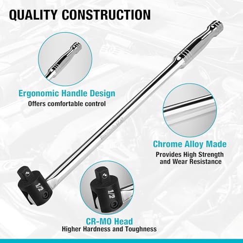 DURATECH 1/2" Drive 17.5-Inch Heavy Duty Breaker Bar with 240° Flex Head | Spring-loaded Detent Ball, Premium Chrome Alloy Made, Ideal for Industrial, Construction, and Mechanic Tasks - color: Silver, size: 17.5 in