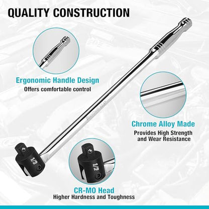 DURATECH 1/2" Drive 17.5-Inch Heavy Duty Breaker Bar with 240° Flex Head | Spring-loaded Detent Ball, Premium Chrome Alloy Made, Ideal for Industrial, Construction, and Mechanic Tasks - color: Silver, size: 17.5 in
