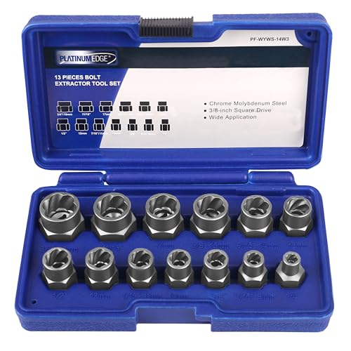 PLATINUMEDGE 13 Pieces Impact Bolt & Nut Remover Set | Stripped Bolt Extractor, Cr-Mo Extraction Tool, Solid Storage Case, Easy Out Rusted Rounded Damaged Nuts and Bolts