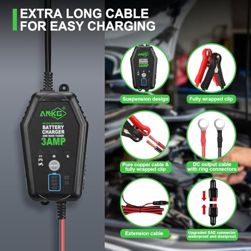 3A 6V/12V Smart Battery Charger Maintainer Fully Automatic Trickle Charger with Waterproof Desulfation for Cars, Motorcycles, Boats, LawnMowers-Compatible with Lead-Acid, LithiumLiFePO4 Batteries