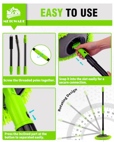 METOWARE 15° Curved Car Wash Mop, 47" Long 3-Section Sturdy Iron Pole | Scratch-Free Chenille Microfiber Soft Duster Mitt, Car Cleaning Supplies Kit for SUV, Truck, Boat, Window