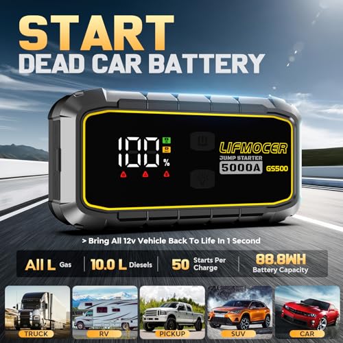 LIFMOCER 5000A Car Jump Starter-GS500 Car Battery Jump Starter for Up to ALL Gas and 10.0L Diesel Engines, 12V Portable Jump Box with Storage Case USB Quick Charge,LCD Display,for Car,Motorcycle,Truck